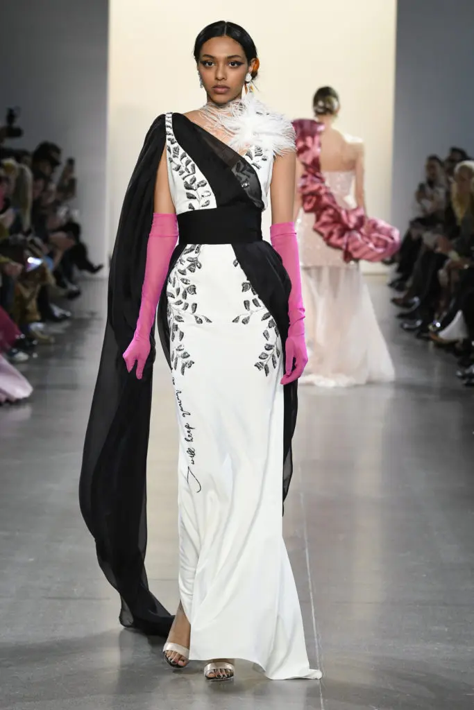 Bibhu Mohapatra ivory and onyx sari gown with black and silver gota embroidery. (Photo by Yannis Vlamos/Indigital.tv)