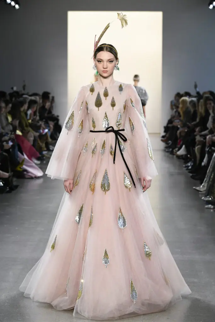 Bibhu Mohapatra pale pink tulle razia gown with Mughal tree embroidery. (Photo by Yannis Vlamos /Indigital.tv)