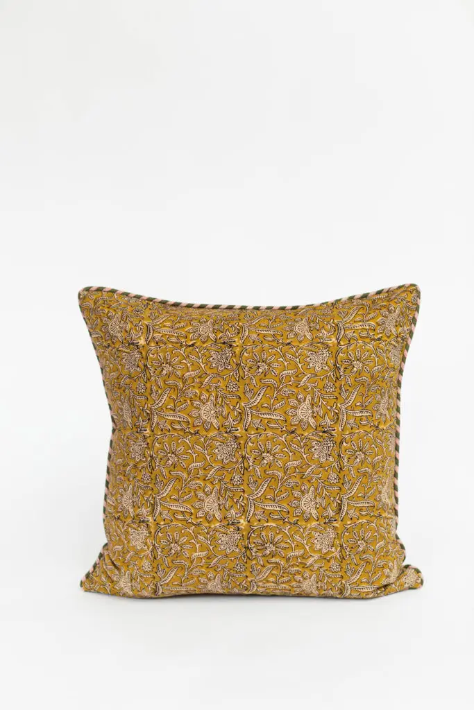 Courtney Barton's Round Top inventory has been uploaded to her website, like these new mustard blockprinted pillows.