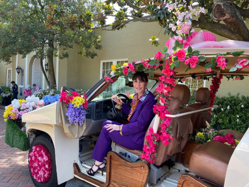 PaperCity's Shelby Hodge takes ride in the Azalea Trail's Flower Mobile. (Photo by Shelby Hodge)