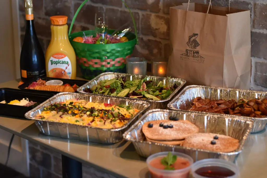 TJ's Seafood Market is offering an Eat-At-Home Easter Package with brunch dishes and mimosas. (Courtesy of TJ's)
