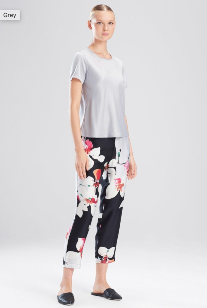 Natori satin pants and short-sleeved top are a chic selection for working at home attire.