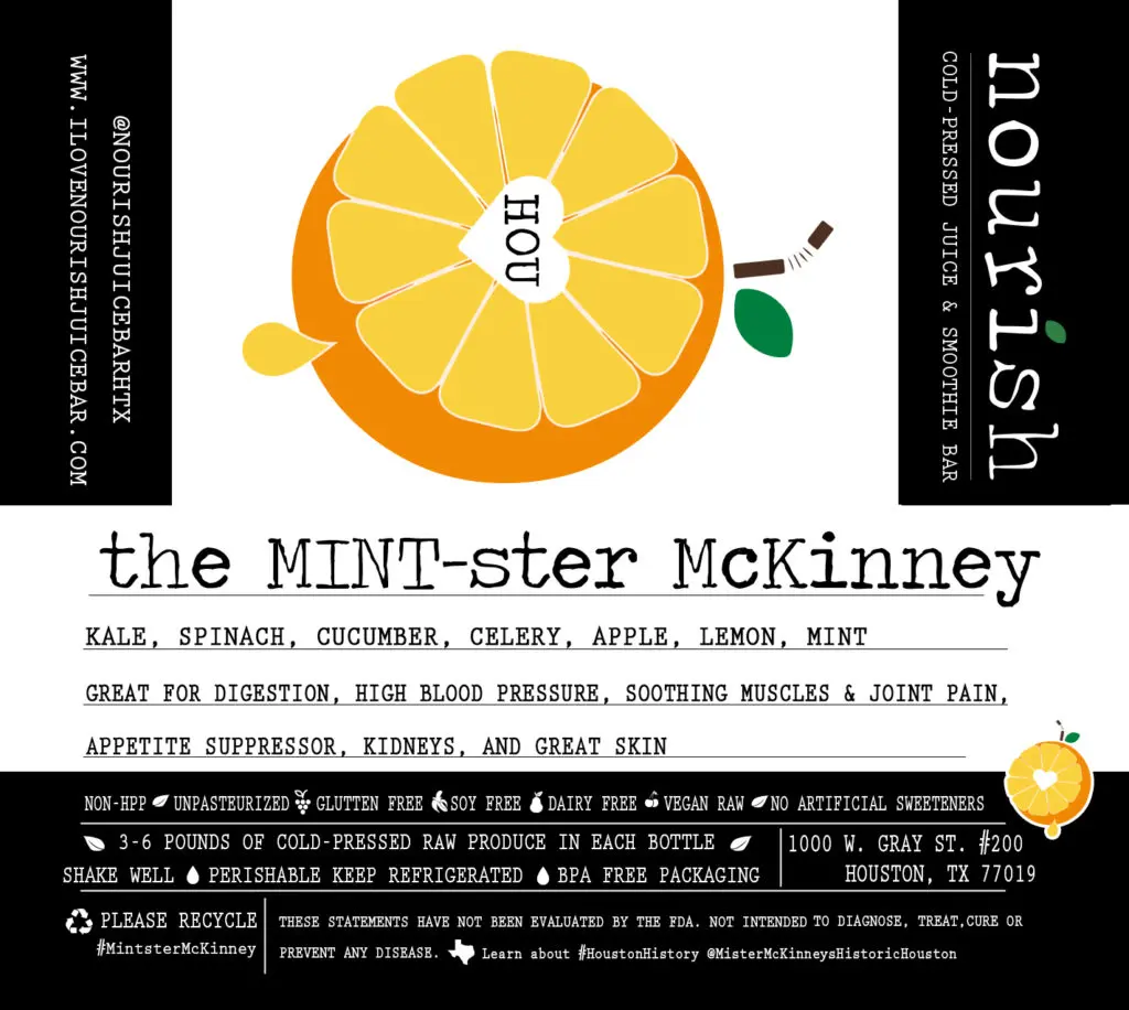 Labeling for the Mint-ster McKinney at Nourish Juice & Smoothie Bar