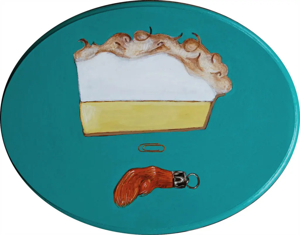 Amy C. Evans' "Gladys always put a rabbit’s foot in her apron pocket when she made a meringue.," 2010, typifies the droll story-telling in "A Good Meal Is Hard to Find."  


