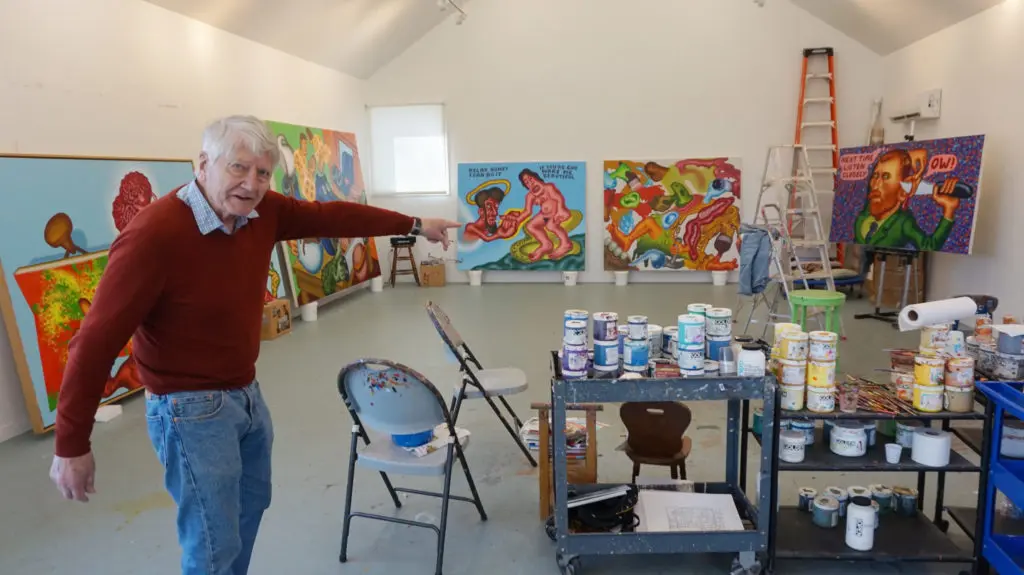 Peter Saul in his Germantown, New York, studio, 2020. The artist is the subject of a major survey, at the New Museum, NYC. Significantly, six seminal canvases in the 60-works exhibition are owned by Dallas collectors.  (Photo by Katherine McMahon) 