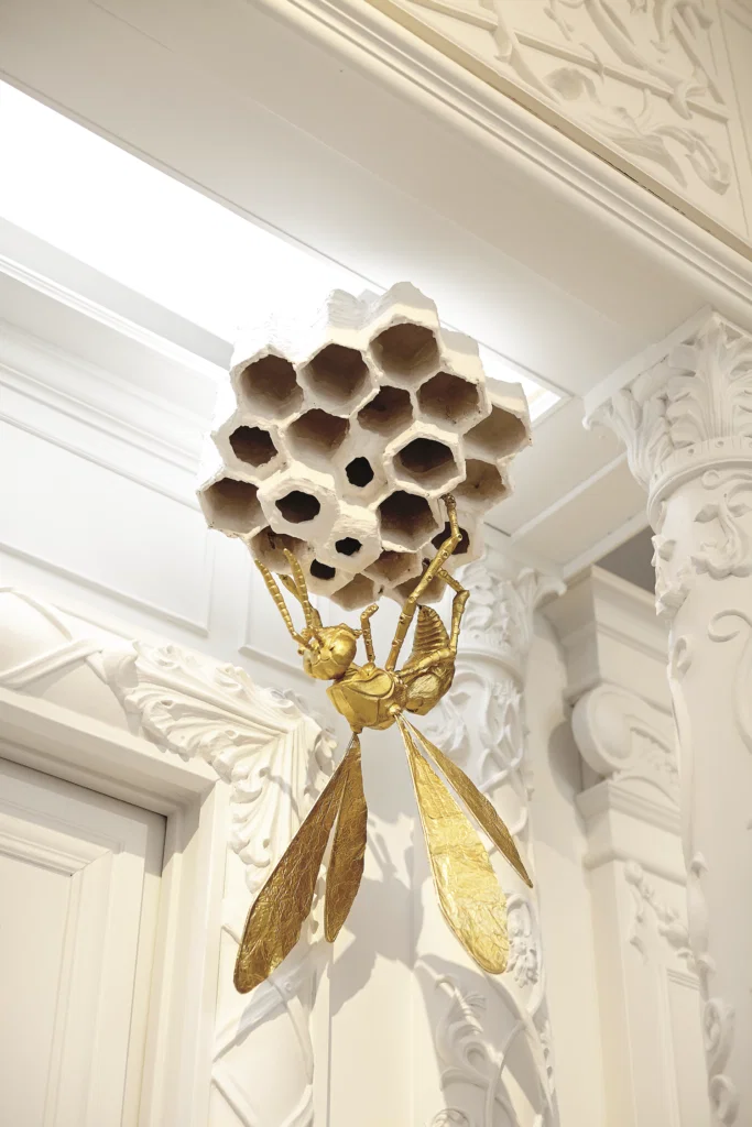 George Sellers, published November 2013. Photographed by Shayna Fontana and Scogin Mayo. In George Sellers' 1940s Fair Park gallery space and occasional refuge is his gilded wasp and nest; he also created the plasterwork on the walls.  