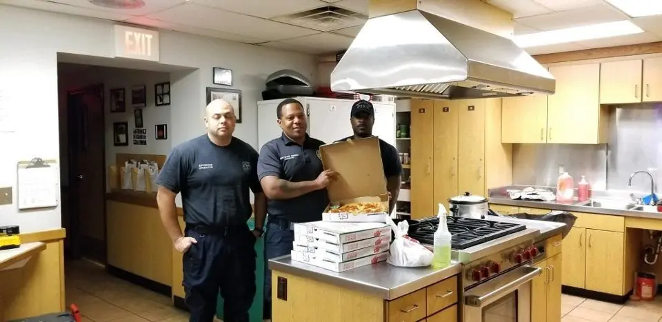 Firefighters appreciate free pizza from the Houston Astros.