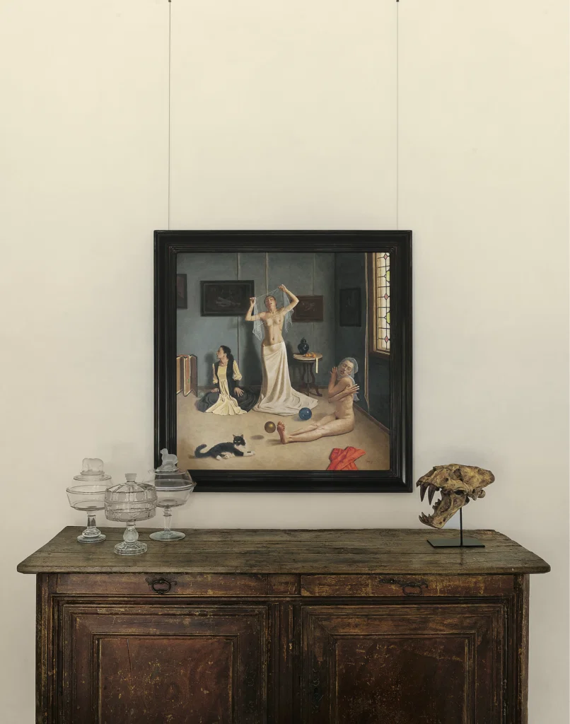 Lauren and Steve Kramer, published July/August 2016. Interior Design Cherry Curlet. Photographed by Jack Thompson. In art collectors Lauren and Steve Kramer’s Memorial-area home, French buffet from Chateau Domingue. Covered glass-footed compotes. Saber-toothed tiger skull lends a note of Surrealism, as does the painting by Dan Griggs, a respected New Mexico artist.  