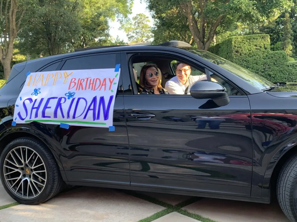 Taking a moment out from the grocery store crunch during the pandemic, Mr. H-E-B Scott McClelland and wife Soraya drive by with their best wishes. 