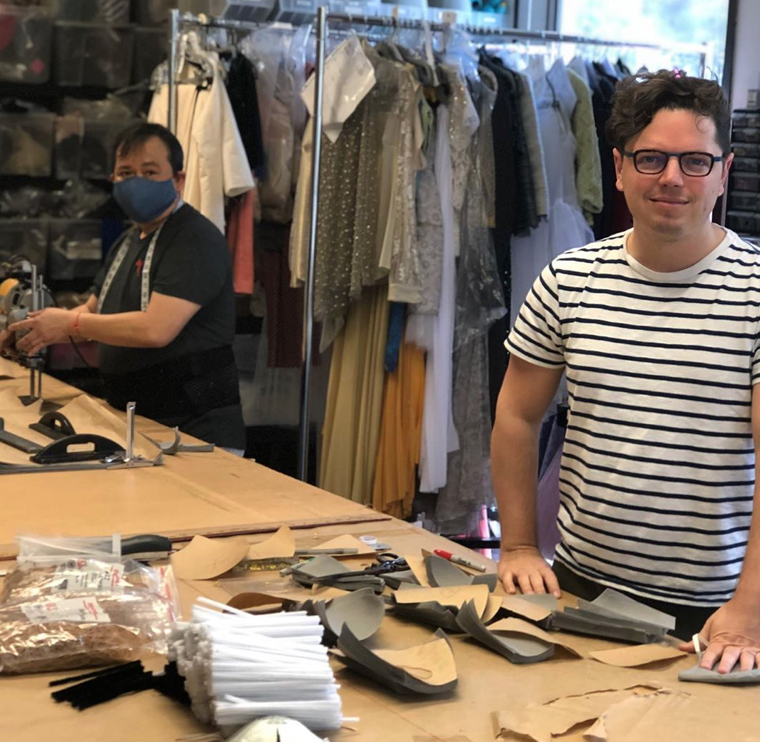 Houston designer David Peck in his studio where production of protective face masks is running at full speed.
