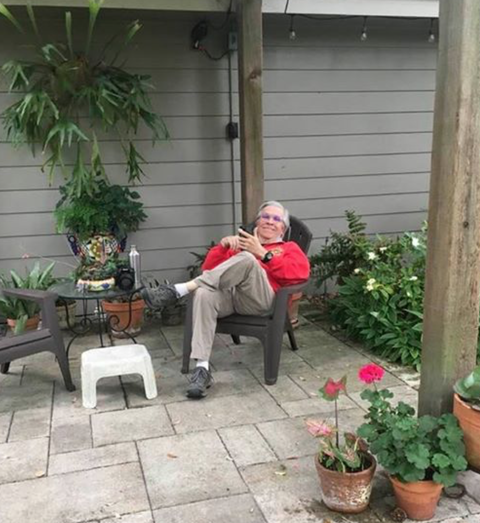 Len Kowitz, Shelby Hodge's brother-in-law, relaxing in his garden during the pandemic situation.