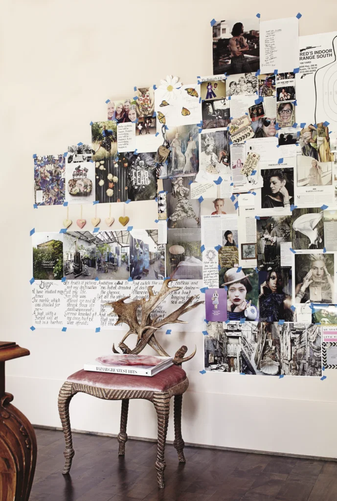 Tonya Riner, published February 2015. Interior design Lucinda Loya. Photographed by Casey Dunn. In beauty entrepreneur and makeup artist Tonya Riner’s Memorial-area home is an inspiration wall that includes a Vogue tearsheet that inspired the color palette for her home, as well as notes from friends, quotes, and photographs. Horn chair was a Round Top find, reupholstered in Kravet velvet. 