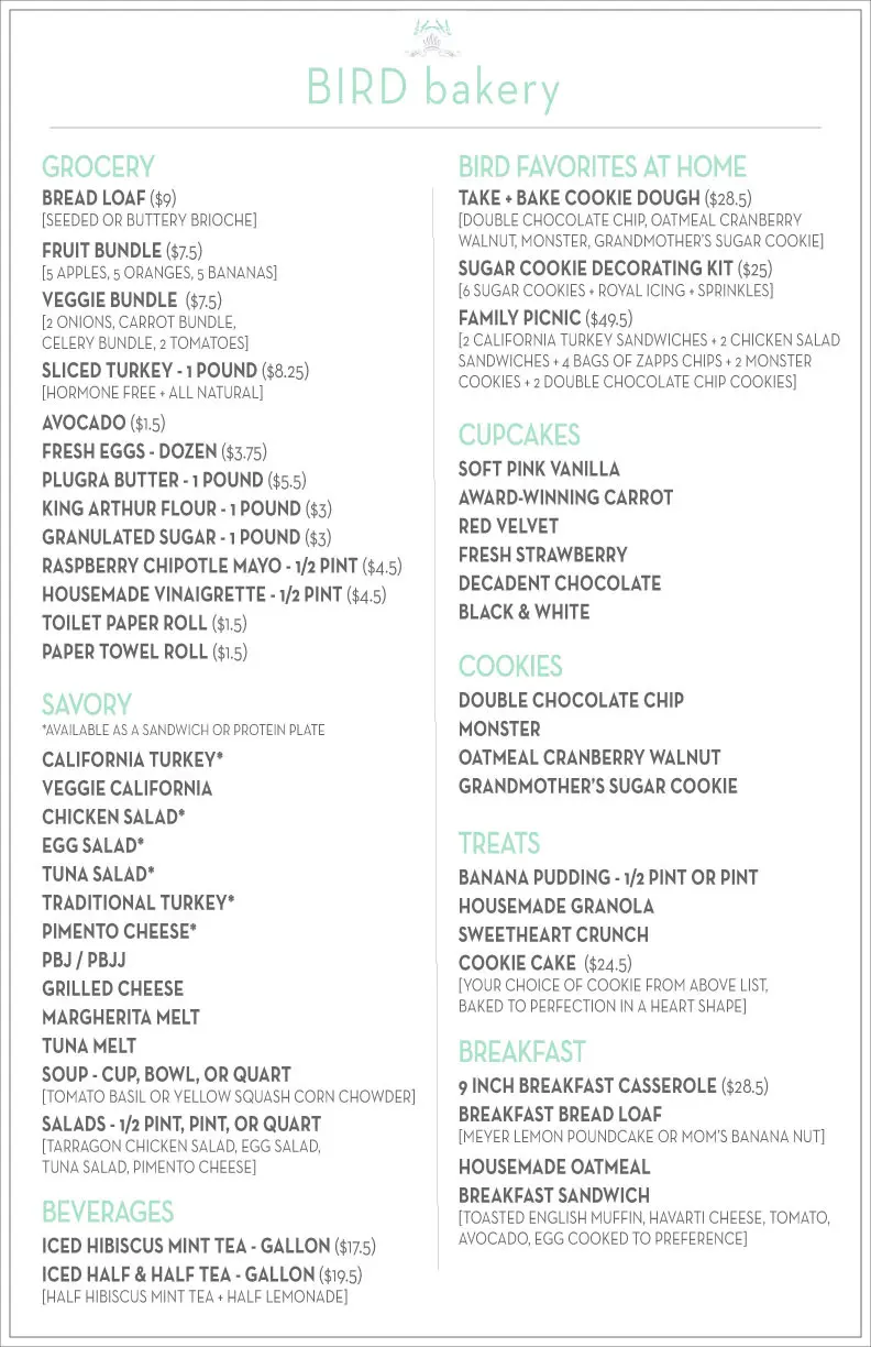 bird bakery takeout menu