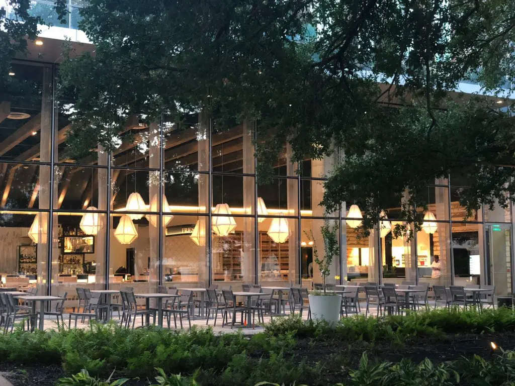 Al fresco dining at Eunice is a beautiful experience beneath the venerable oak trees that shade the patio. 
