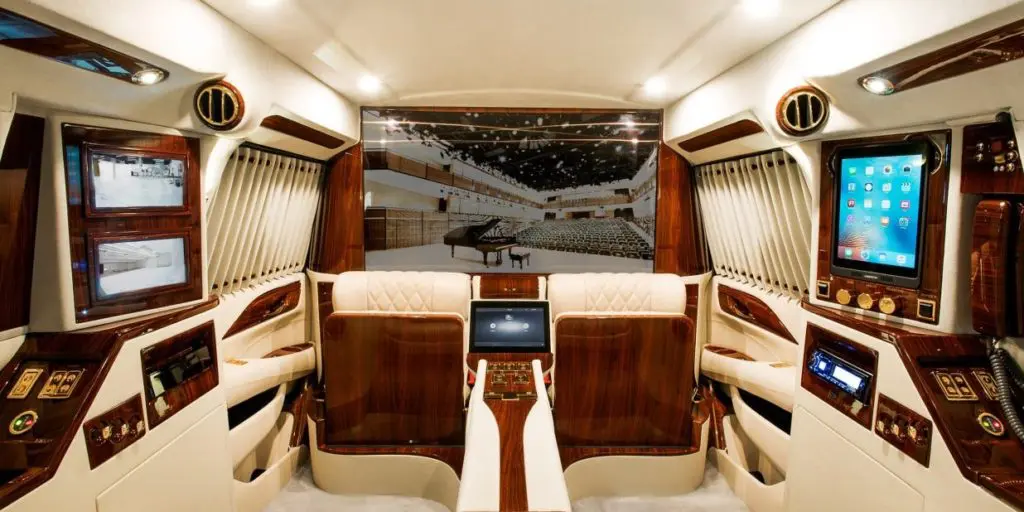 The customized Cadillac Escalade Sky Captain is designed to look like the interior of a private jet. (Photo by Lexani Motorcars)