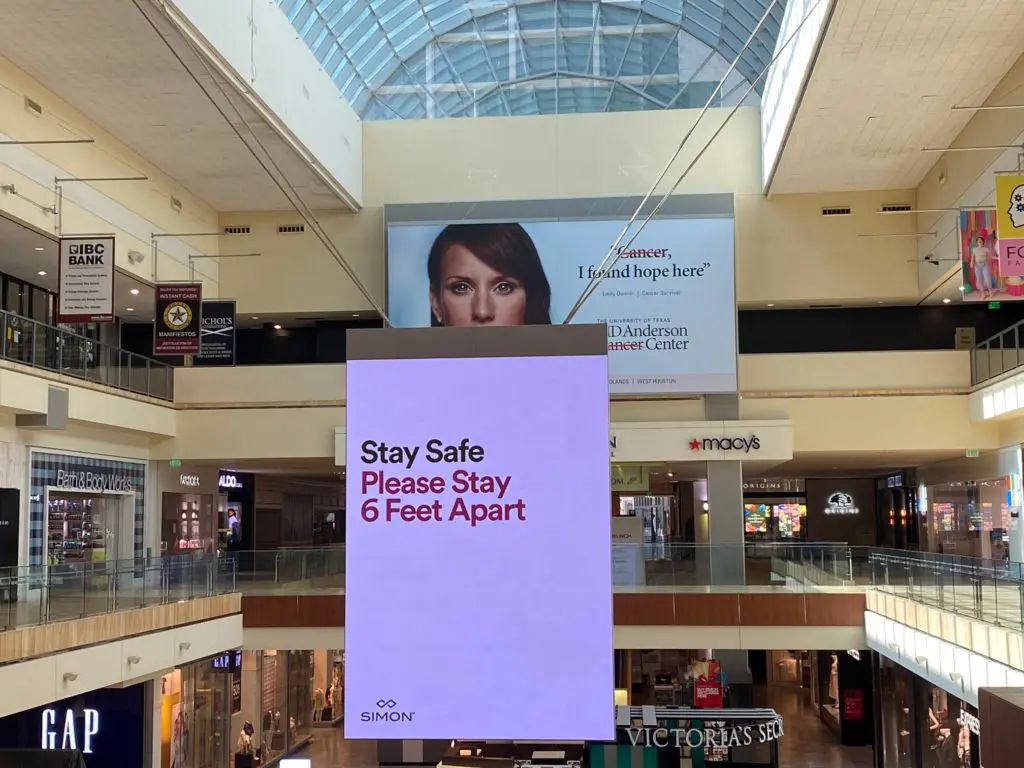 Signs throughout The Galleria remind visitors that this is not shopping as usual. (Photo by Shelby Hodge)