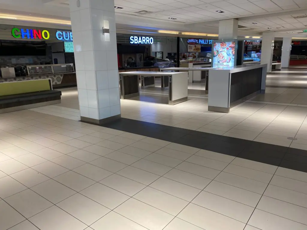 The food court in The Galleria is offering take-out only. General seating has been removed while the full scale restaurants are open to 25 percent capacity. (Photo by Shelby Hodge)