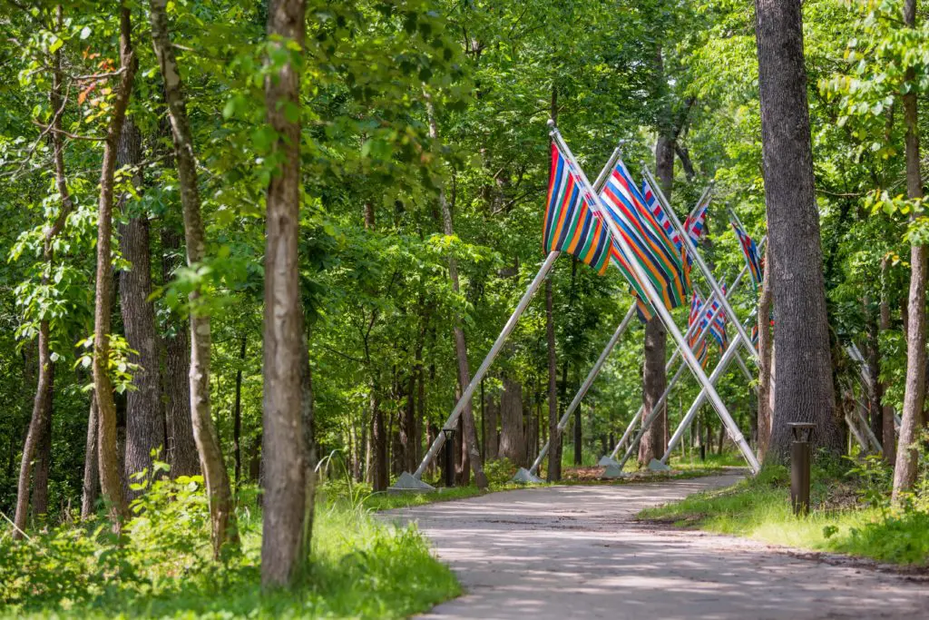 Odili Donald Odita's "Negative Space," 2019, is part of the inaugural outdoor sculpture exhibition "Color Field," presented by Public Art University of Houston System at the University of Houston. The eight-month long show represents a unique collaboration between Public Art UHS and the Crystal Bridges Museum of American Art in Bentonville, Arkansas. (Courtesy the artist and Crystal Bridges Museum of American Art, Bentonville, Arkansas)