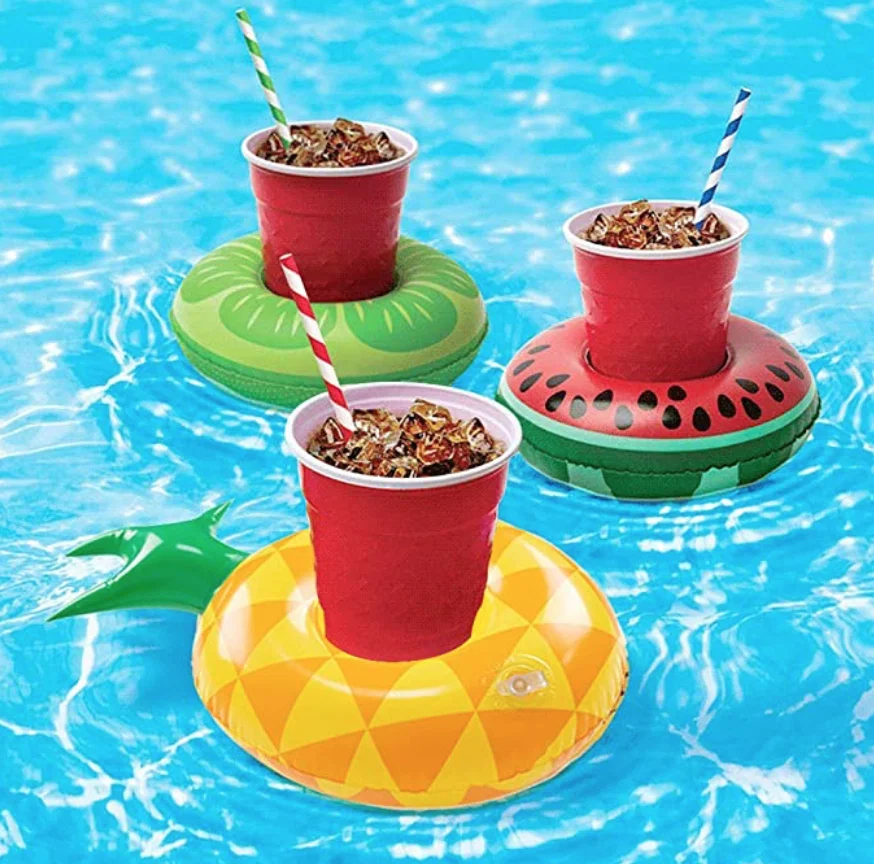 The Oriental Trading Company brightens your pool party with drink floats in the shape of fruits.