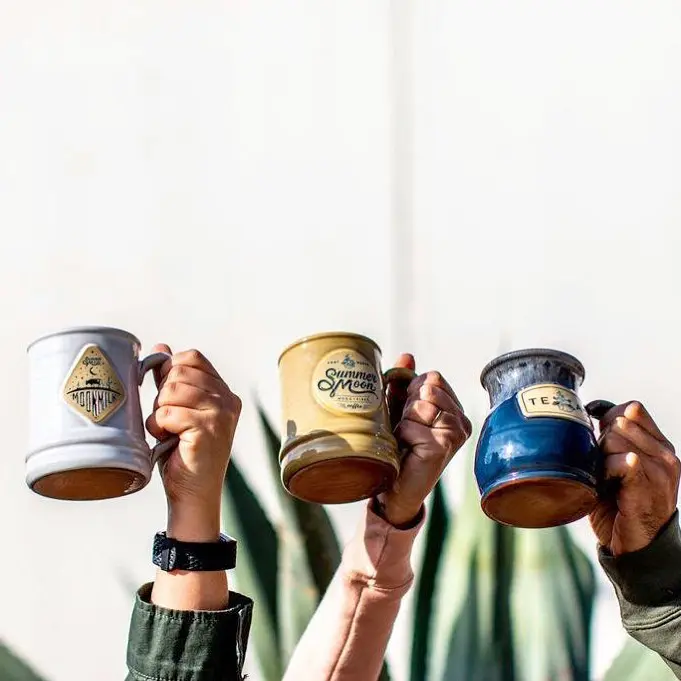 Take home Summer Moon fire roasted coffee beans and these mugs to home brew.
