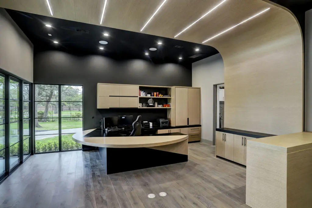 The ultra modern home office is made to the specifications of the owner. (Photo courtesy of Frankel Building Group)