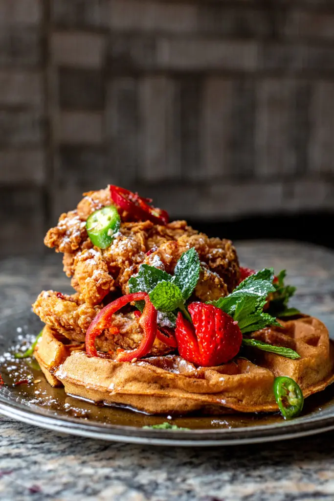 Lucille’s Slow-Fried Chicken on a Sweet Potato Waffle
