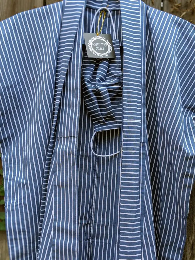 Blue reimagined sleeveless yukata with matching belt and mask from Kimono Zulu — perfect for Father's Day gifting