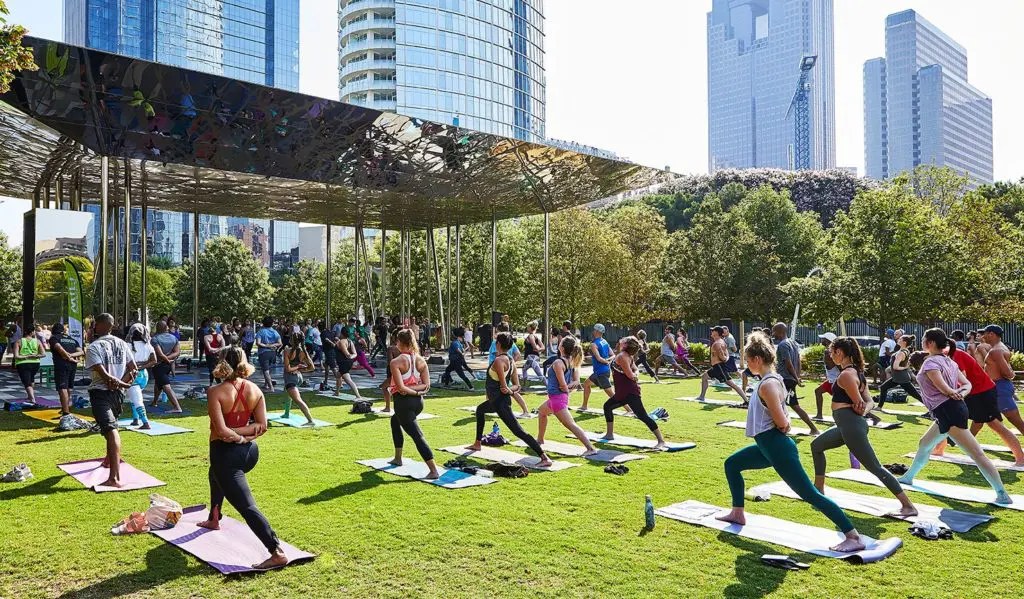 Head to Klyde Warren Park on Saturday morning for a socially distanced yoga, bootcamp, or meditation class. (Courtesy of Klyde Warren)