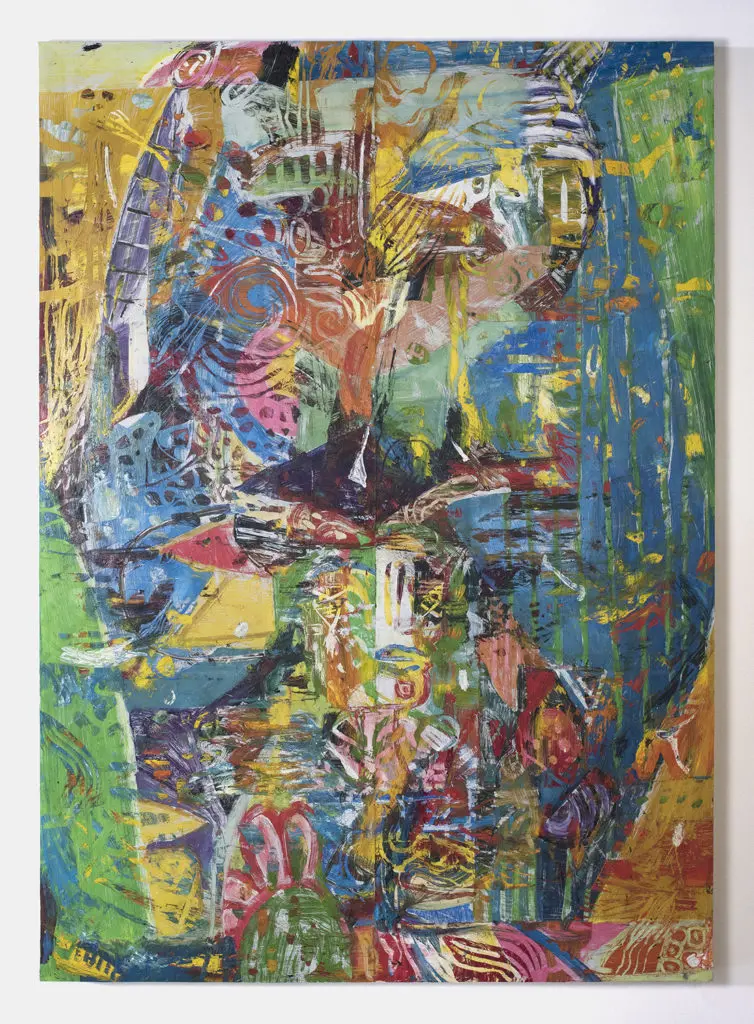 Angel Otero's "Eternal Shore," 2019, oil paint and fabric collaged on canvas, courtesy Lehmann Maupin Gallery