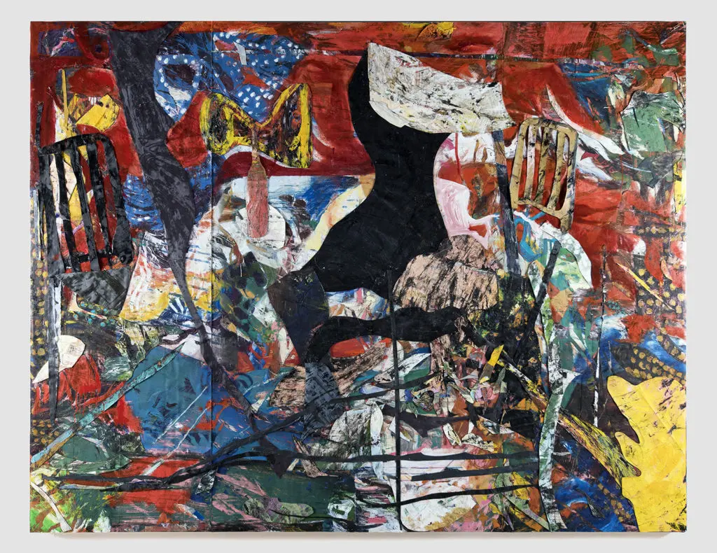 Angel Otero's "Red Velvet," 2019, oil paint and fabric collaged on canvas, courtesy Lehmann Maupin Gallery