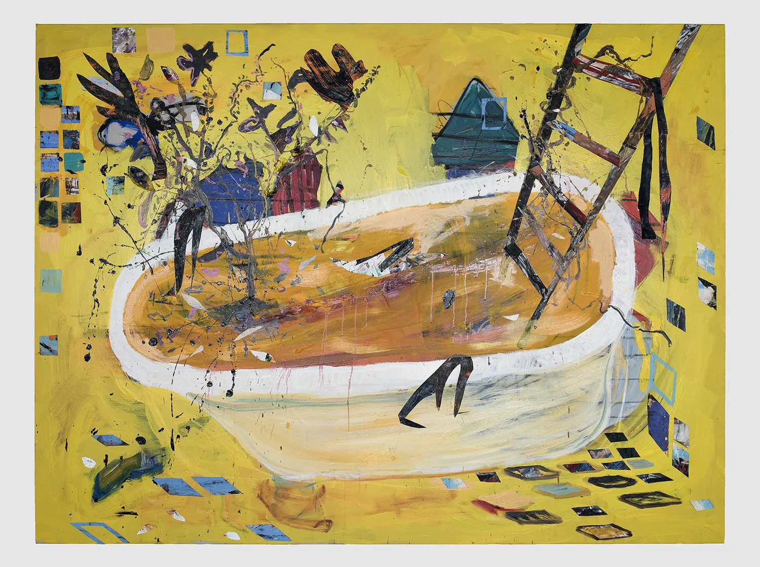 Angel Otero’s “Painter’s Bath,” 2019, oil paint and fabric collaged on canvas, courtesy Lehmann Maupin
