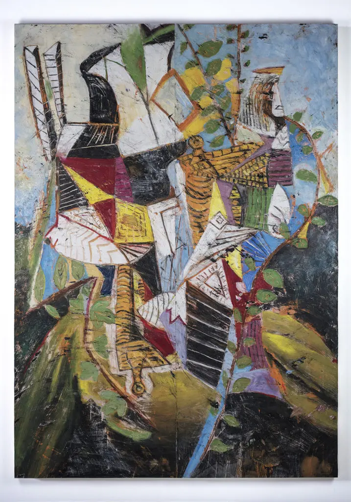 Angel Otero's "Gemini," 2019, oil paint and fabric collaged on canvas, courtesy Lehmann Maupin 