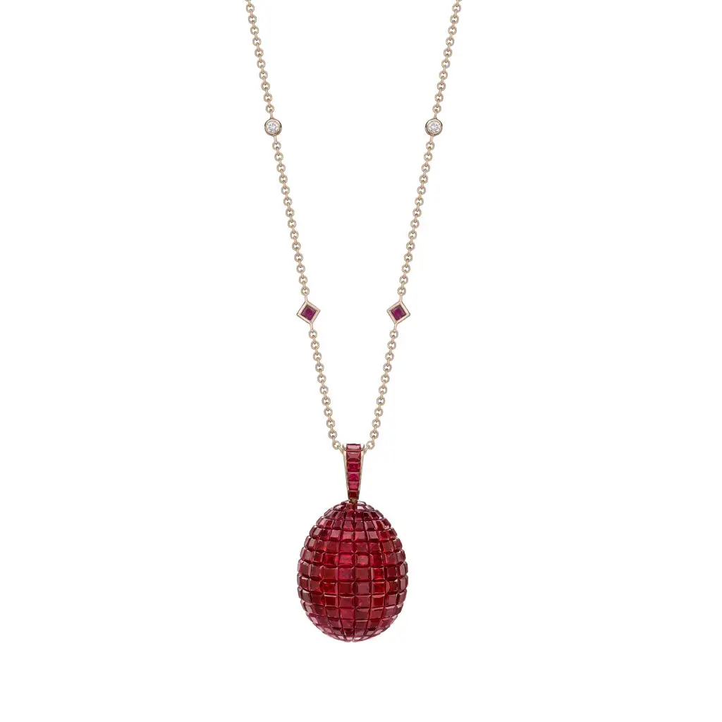 Mosaic ruby pendant features invisibly-set princess cut Mozambican rubies set in 18 karat rose gold.