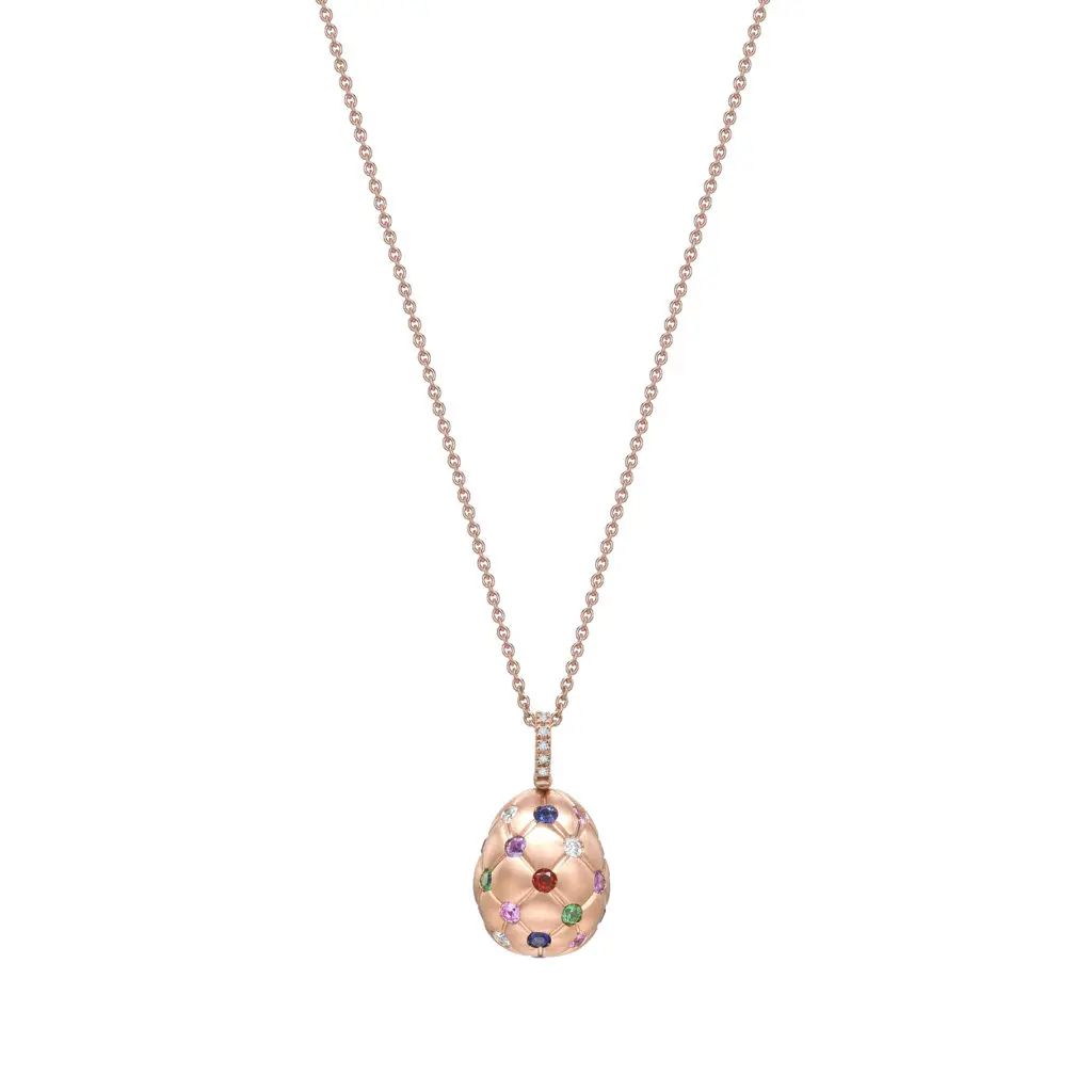 Faberge – Treillage Multi-coloured Rose Gold Pendant features round white diamonds, rubies, amethysts, pink and blue sapphires, tsavorites and fire opals, set in 18 karat brushed rose gold.
