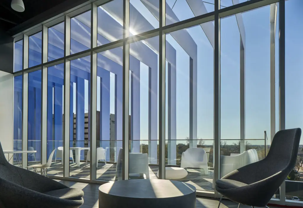 Hotel Revel view of the blue steel louvers from The Corner King suite.