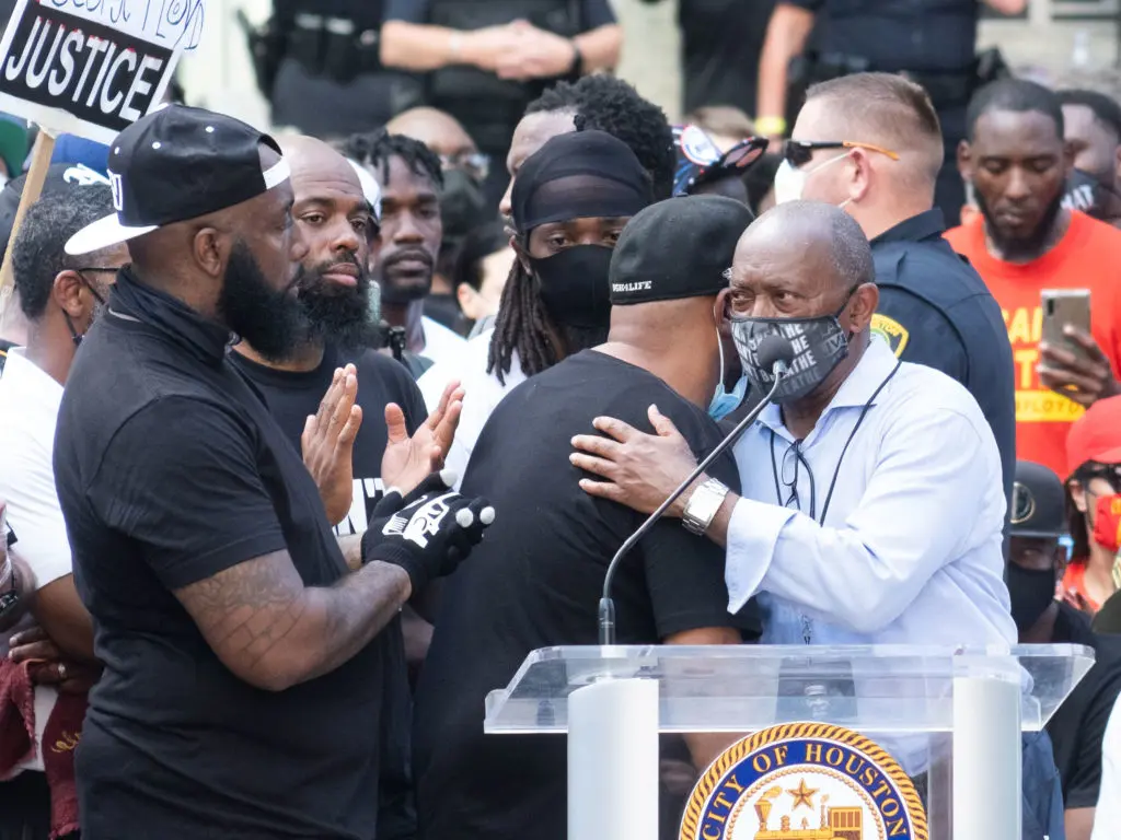 Houston Mayor Sylvester Turner took the stage for remarks after the Houston March For George Floyd ended up at Houston City Hall.  (Photo by F. Carter Smith)