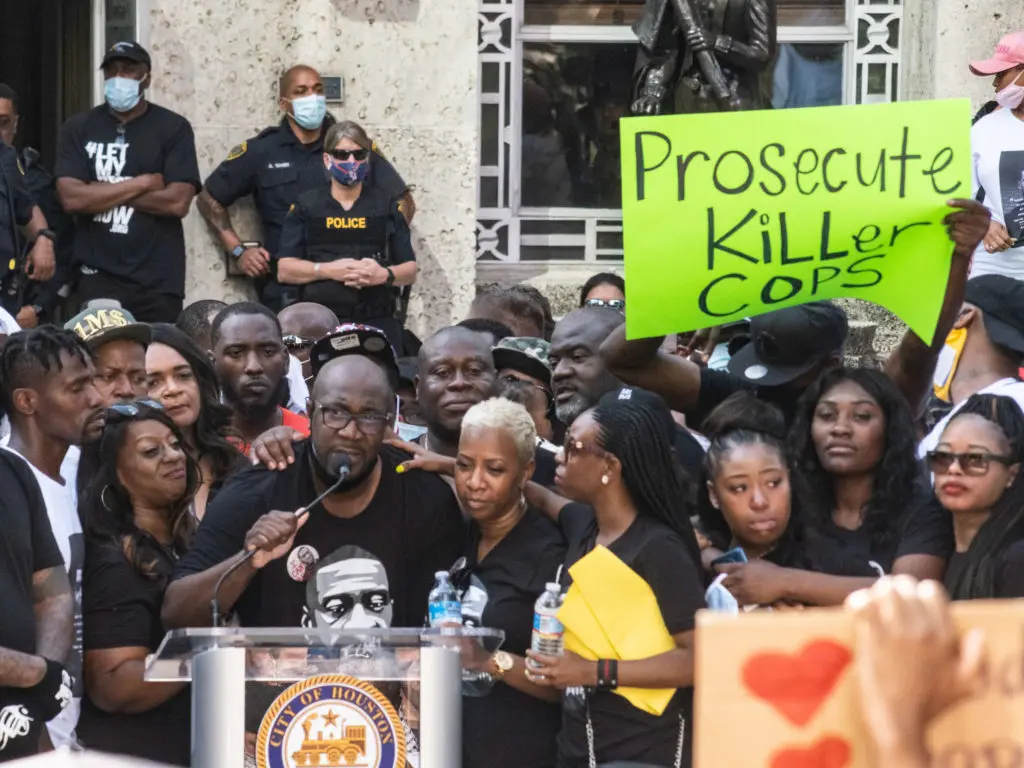 Philonise Floyd, whose brother was murdered by Minnesota police last week, joined by members of the George Floyd family after the Houston March For George Floyd ended up at Houston City Hall, Tuesday, June 2, 2020