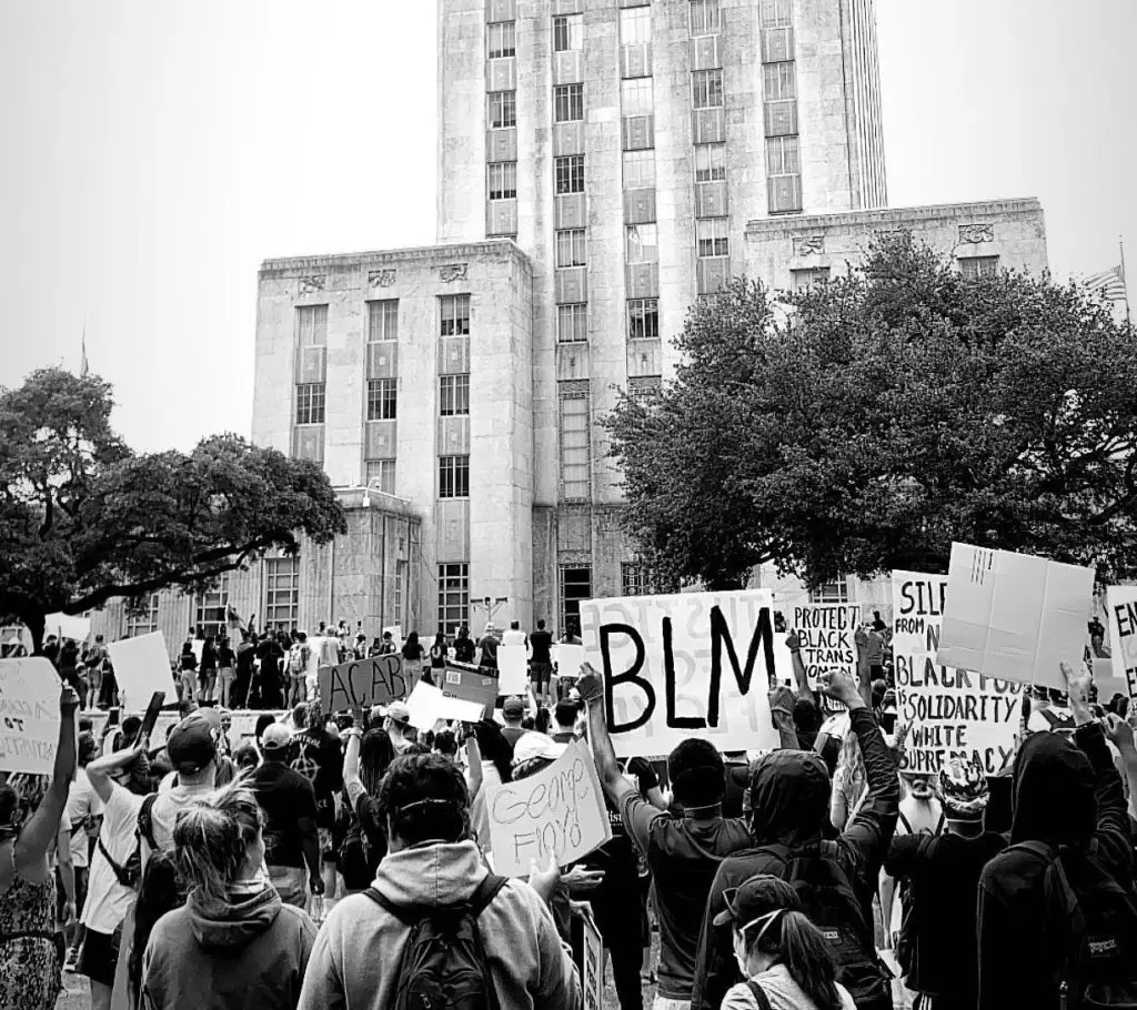 A march for George Floyd ends at Houston City Hall, where a mammoth crowd gathered. (Photo by Kara Smith)