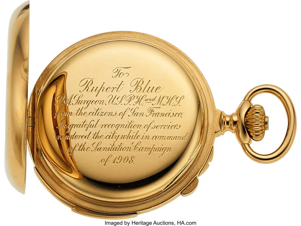 The 18K Patek Philippe pocket watch was a gift from the city of San Francisco to public health physician Rupert Blue for his service during multiple bubonic plague outbreaks there. Blue later became the United States Surgeon General. The inside dust cover is inscribed: “To Rupert Blue P.A. Surgeon, U.S.P.H. and M.H.S. from the citizens of San Francisco. In grateful recognition of services rendered the city while in command of the Sanitation Campaign of 1908.”