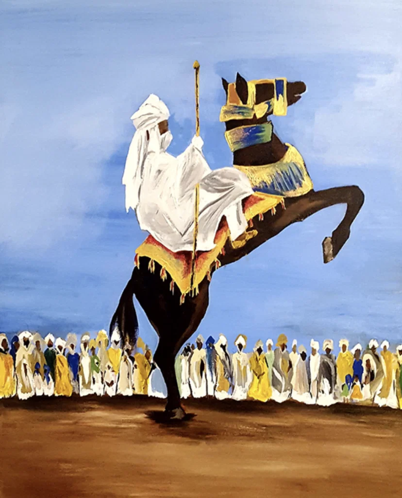Adebayo Taiwo's equestrian canvas speaks to the artist's Nigerian heritage. (The Silos at Sawyer Yards,
Studio 118)