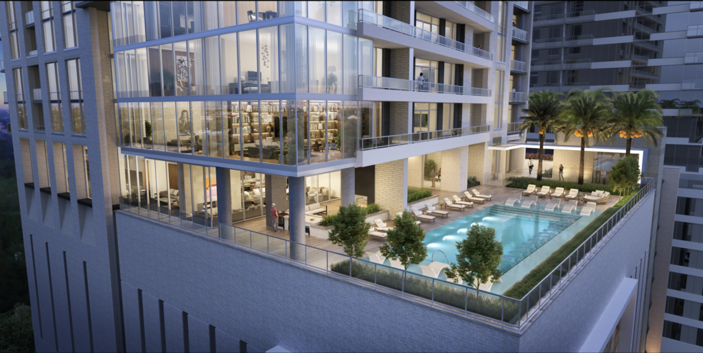 The leafy 10th-floor pool deck at The Residences at La Colombe d'Or offers green views of the surrounding Montrose neighborhood. (Rendering courtesy of Munoz + Albin Architecture & Planning)