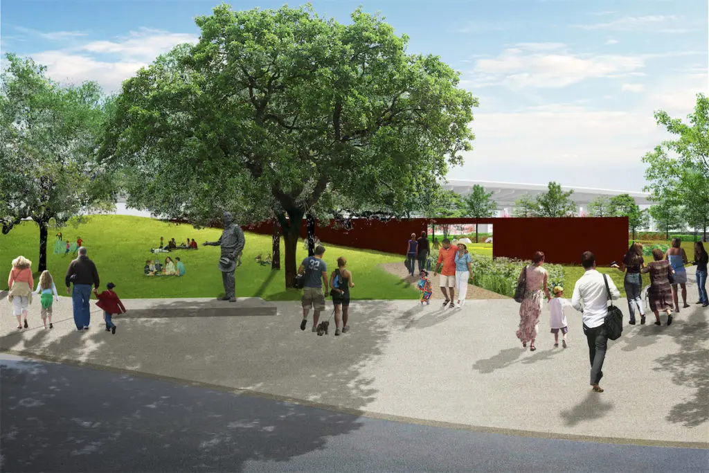 The park will boast two sculptures: a statue of John W. Carpenter and Robert Irwin's "Portal Park Slice." (Courtesy of Carpenter Park)