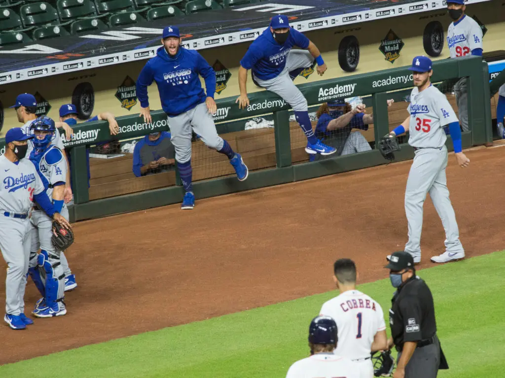 Carlos Correa went towards the Dodgers dugout after his encounter with Joe Kelly. (Photo by F. Carter Smith)