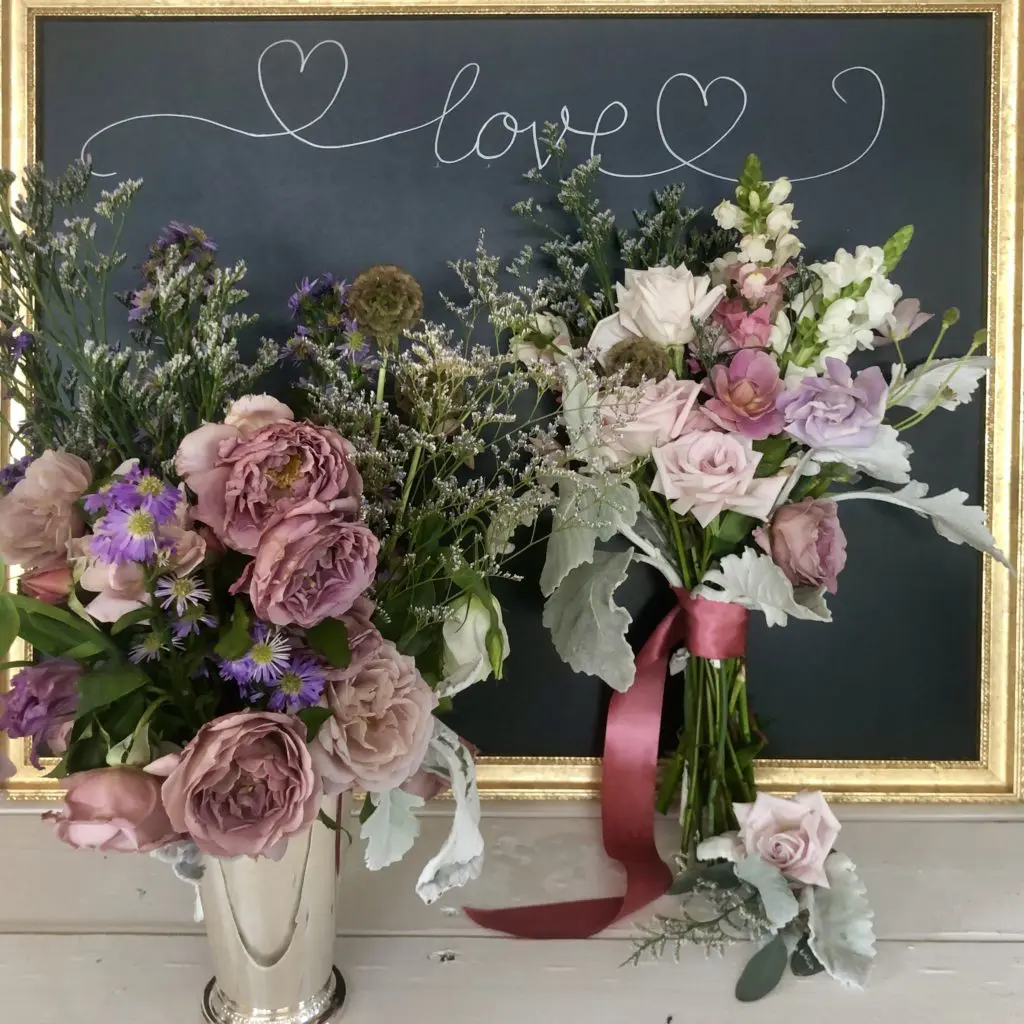 The bridal Bouquet, bouttoniere and statement arrangement from Flower Child are part of the Intimate Wedding packages at Hope Farms (Photo by Gracie Cavnar)
