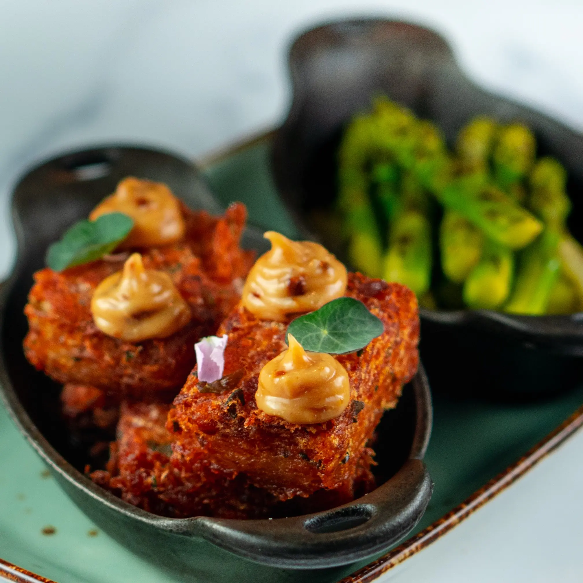 Fearrings dallas Crispy Duck Fat Tater Tots & Grilled Jumbo Asparagus