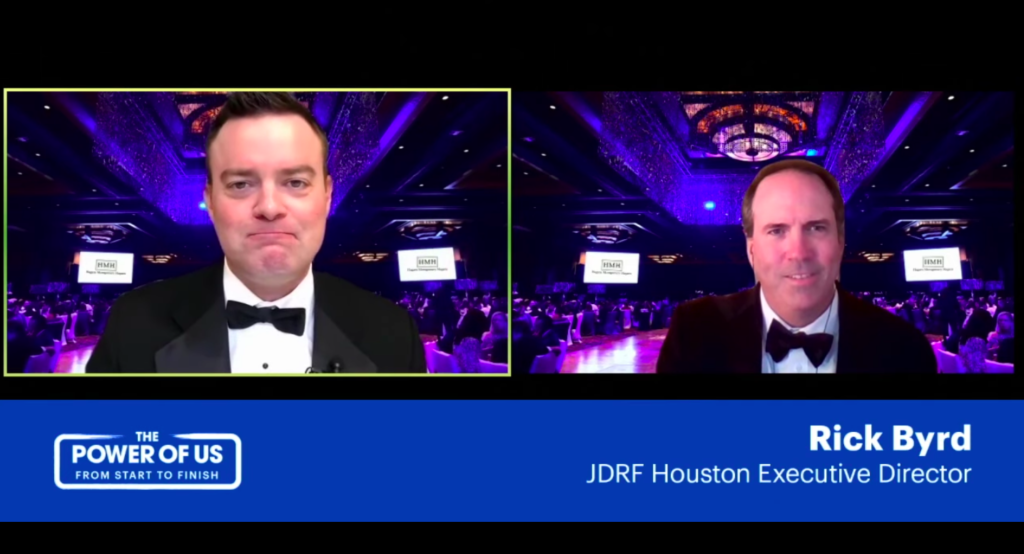 Promise Ball emcee Drew Dougherty of Texans TV and JDRF executive director Rick Byrd joining the party virtually.  (Courtesy JDRF)