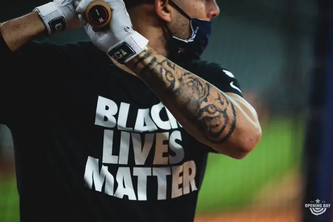 Almost all the Astros wore Black Lives Matter T-shirts in batting practice, George Springer included.