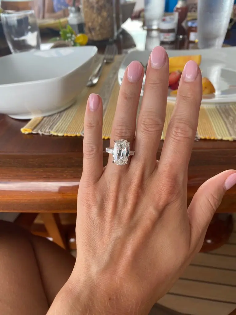 The10+ carat cushion cut brilliant diamond set in platinum engagement ring was custom created for her by Franco Valobra of Valobra Master Jewels. (Courtesy photo)