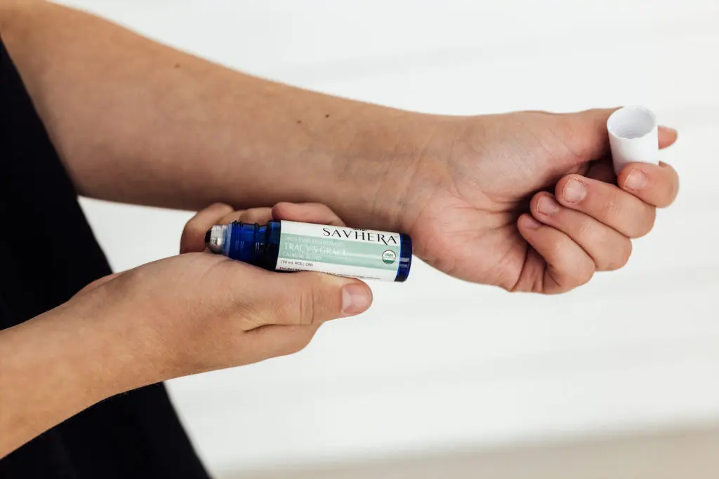 An essential oil roll-on from Savhera, a brand that provides training and dignified employment to survivors of sexual exploitation.
