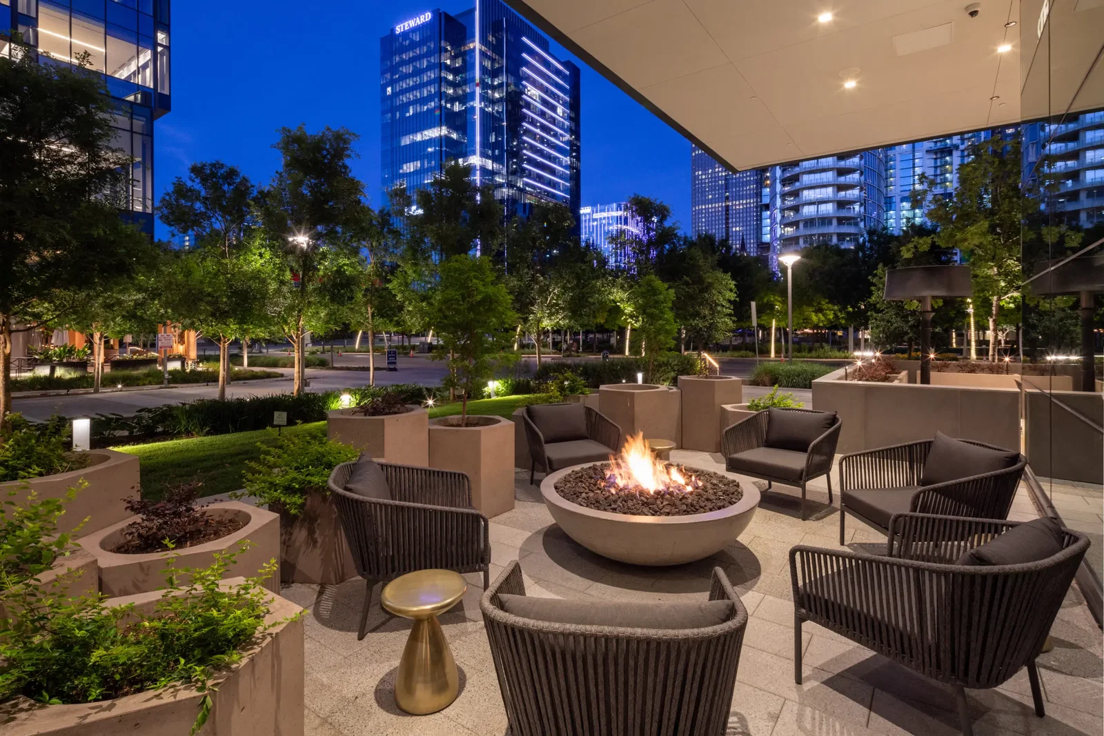 Perry’s Park District patio after sunset.
